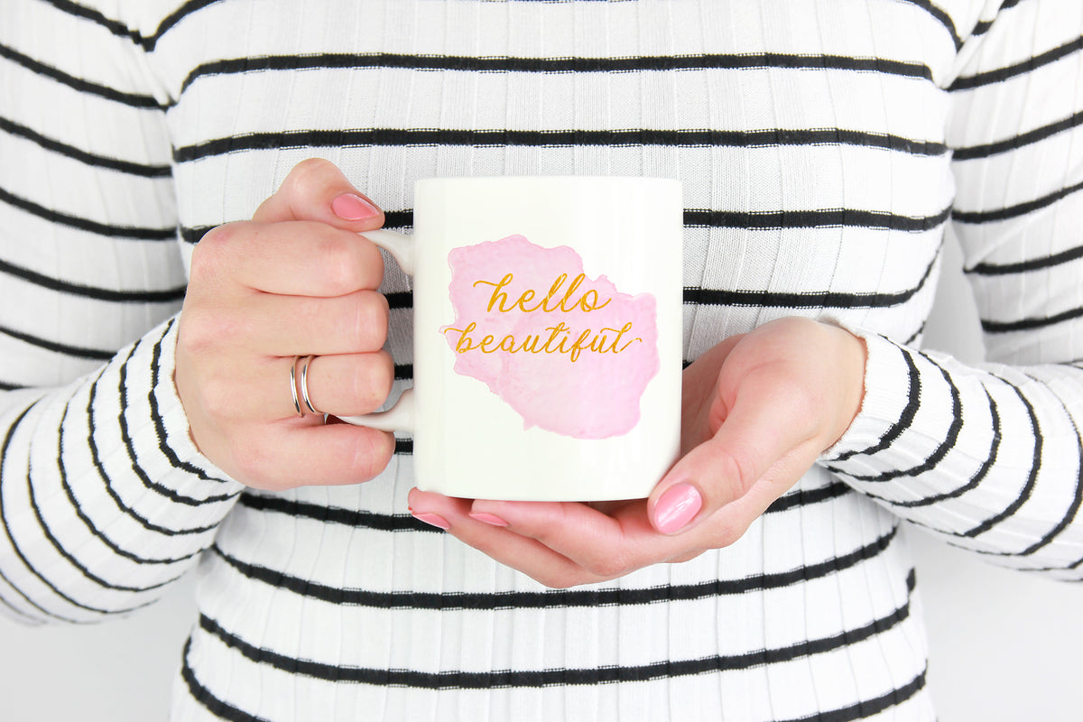 Hello Beautiful Coffee Mug for Women - Cute Rose Pink and Gold Cups & –  Island Dog T-Shirt Company