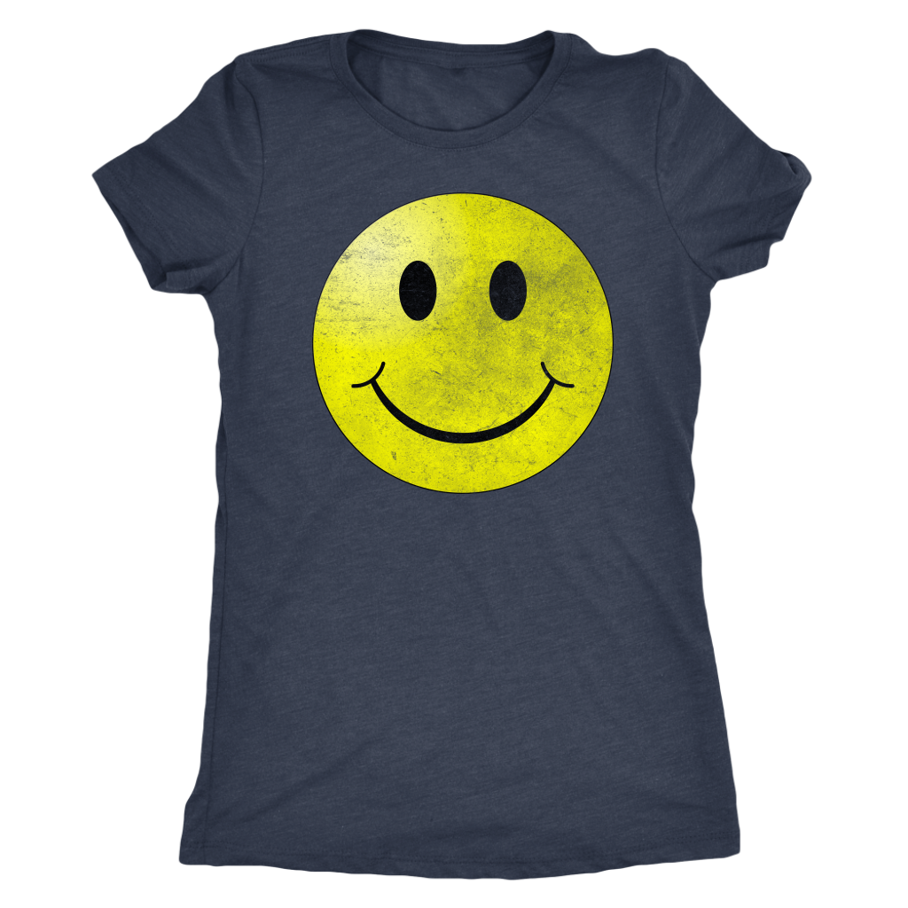Smiley Face Vintage Tee - Ladies' Short Sleeve Ultra Comfort Distressed  Triblend Happy T-Shirt