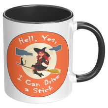 Funny Halloween Coffee Mug - I Can Drive a Stick Witch Autumn Mug - Witch on a Broomstick Fall Tea Cup - 11 oz Custom Color Mug for Autumn