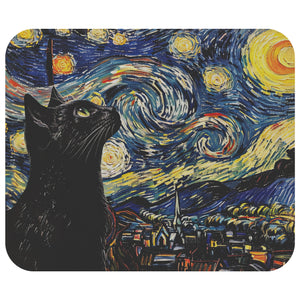 Starry Night with Black Cat Mousepad - Desk Accessories - Desk Mat - Gift for Artist