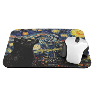 Starry Night with Black Cat Mousepad - Desk Accessories - Desk Mat - Gift for Artist