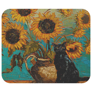 Sunflowers in Vase with Black Cat Mouse Pad - Desk Accessories - Gift for Artist