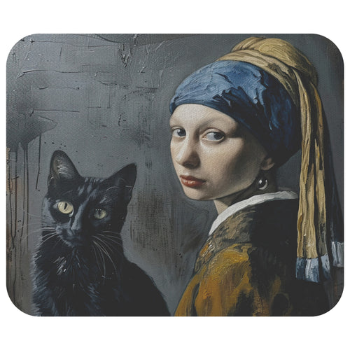 The Girl with a Pearl Earring and Black Cat Mousepad - Desk Accessories - Gift for Artist
