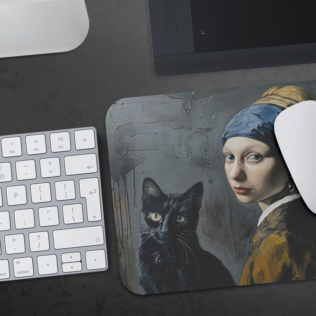 The Girl with a Pearl Earring and Black Cat Mousepad - Desk Accessories - Gift for Artist