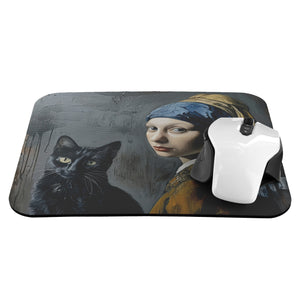 The Girl with a Pearl Earring and Black Cat Mousepad - Desk Accessories - Gift for Artist