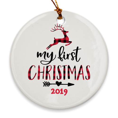 My First Christmas 2019 - Baby's 1st Christmas Tree Ornament - Plaid Leaping Deer - Island Dog T-Shirt Company