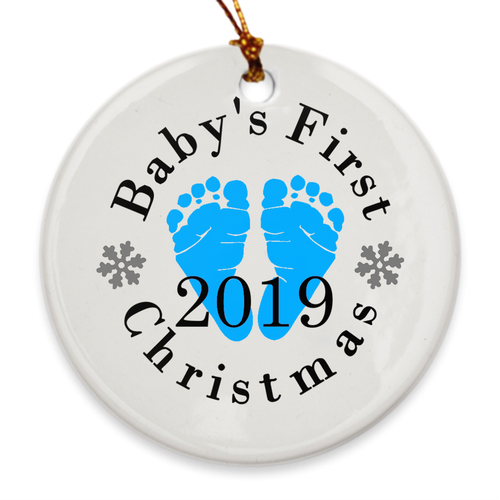 Baby's First Christmas Tree Ornament - Baby's 1st Christmas - Blue Footprints - Island Dog T-Shirt Company
