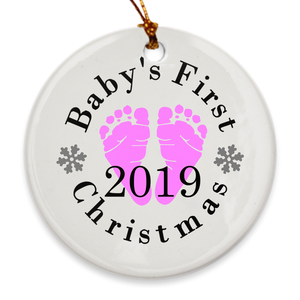 Baby's First Christmas Tree Ornament - Baby's 1st Christmas - Pink Footprints - Island Dog T-Shirt Company