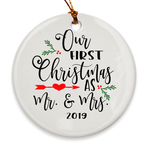 Our First Christmas as Mr. & Mrs. Tree Ornament 2019 - Our 1st Christmas Married - Mistletoe - Island Dog T-Shirt Company