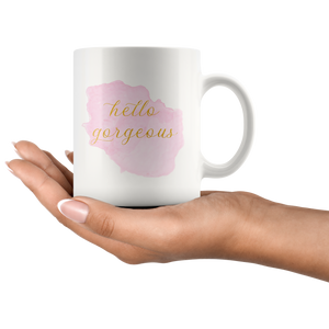 Hello Gorgeous Coffee Mug for Women - Cute Rose Pink and Gold Cups & Mugs for Beautiful Women - Island Dog T-Shirt Company