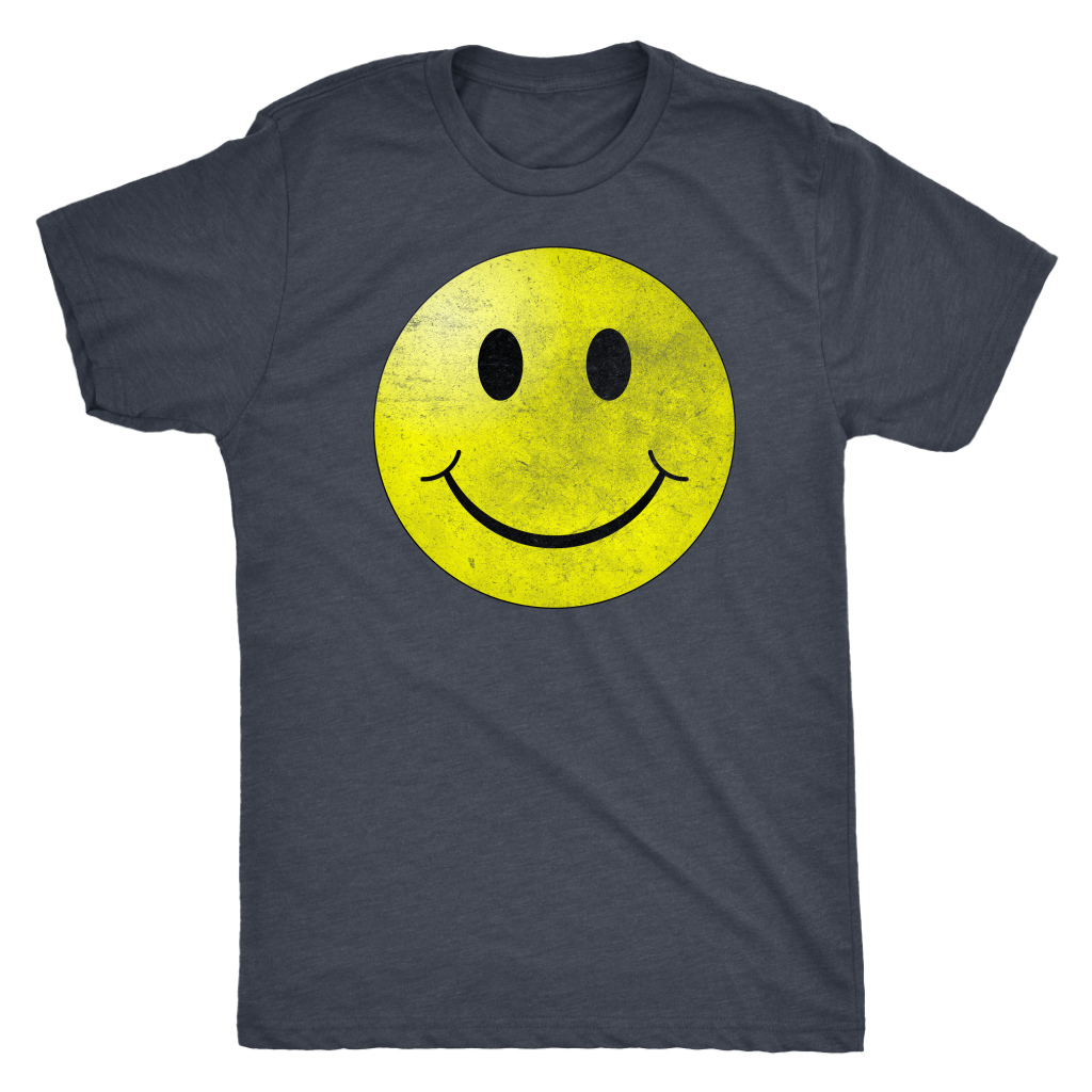 Smiley Face Vintage Tee - Guy's Hipster Short Sleeve Ultra Comfort Distressed Triblend Happy T-Shirt - Island Dog T-Shirt Company