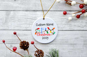 Custom Name My 1st Christmas Tree Ornament - Baby's First Christmas 2019 - Holiday Lights - Island Dog T-Shirt Company