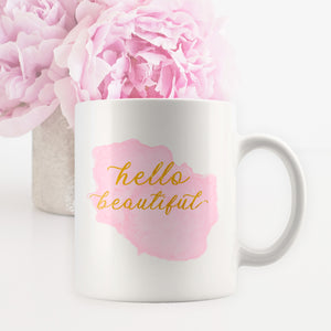 Hello Beautiful Coffee Mug for Women - Cute Rose Pink and Gold Cups & Mugs for Beautiful Women - Island Dog T-Shirt Company