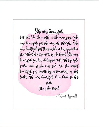 She Was Beautiful - F Scott Fitzgerald Quote Art Print - 8 x 10 Luster Finish - Island Dog T-Shirt Company