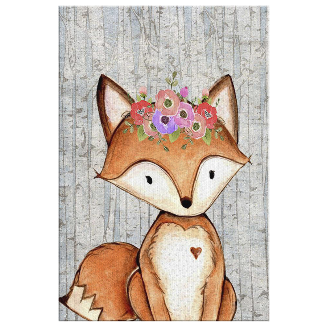 Woodland Nursery Decor for Girls - Girl Nursery Decor - Canvas Wall Art for Nursery - 5 Sizes - Floral Nursery Woodland Fox with Wreath over Birch Trees - Island Dog T-Shirt Company
