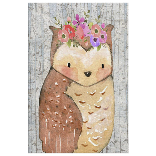Woodland Nursery Decor for Girls - Girl Nursery Decor - Canvas Wall Art for Nursery - 5 Sizes - Floral Nursery Woodland Owl with Wreath over Birch Trees - Island Dog T-Shirt Company