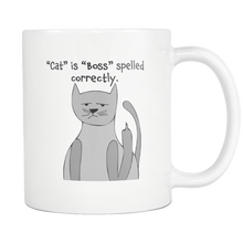 Funny Cat Coffee Mug - 11 oz Sarcastic "Cat" is "Boss" Spelled Correctly Ceramic Cup - Island Dog T-Shirt Company