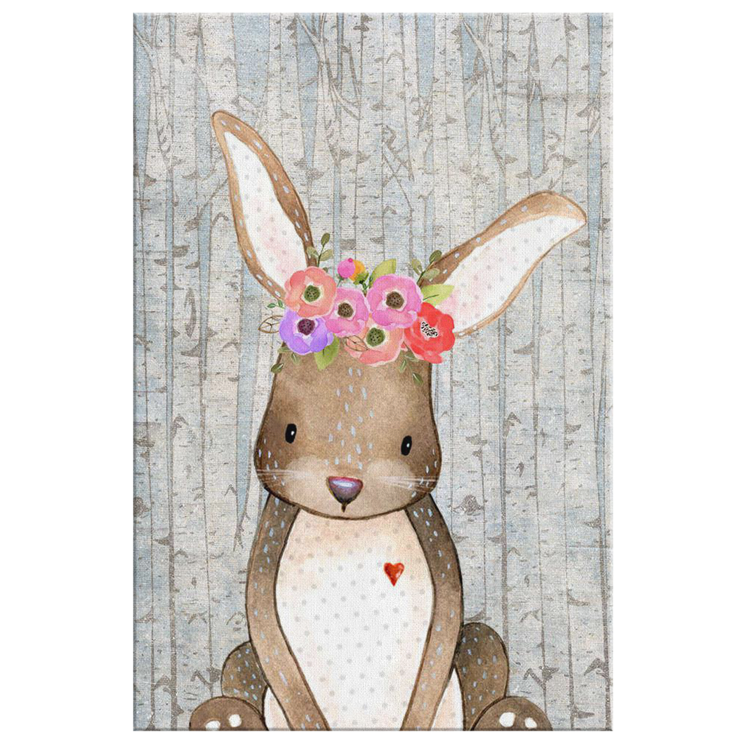 Woodland Nursery Decor for Girls - Girl Nursery Decor - Canvas Wall Art for Nursery - 5 Sizes - Floral Nursery Woodland Rabbit with Wreath over Birch Trees - Island Dog T-Shirt Company