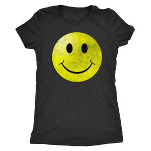 Smiley Face Vintage Tee - Ladies' Short Sleeve Ultra Comfort Distressed Triblend Happy T-Shirt - Island Dog T-Shirt Company