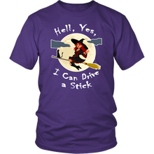 Hell Yes I Can Drive a Stick - Funny Witch & Black Cat Halloween Tee - Island Dog T-Shirt Company
