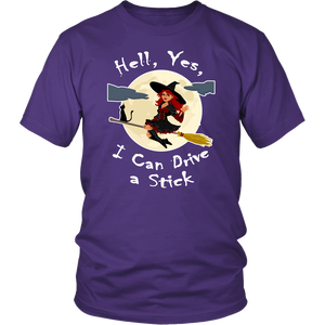 Hell Yes I Can Drive a Stick - Funny Witch & Black Cat Halloween Tee - Island Dog T-Shirt Company