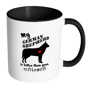 My German Shepherd is Better Than Your Unicorn Two Tone Ceramic Coffee Mug with Accent Handle - Island Dog T-Shirt Company
